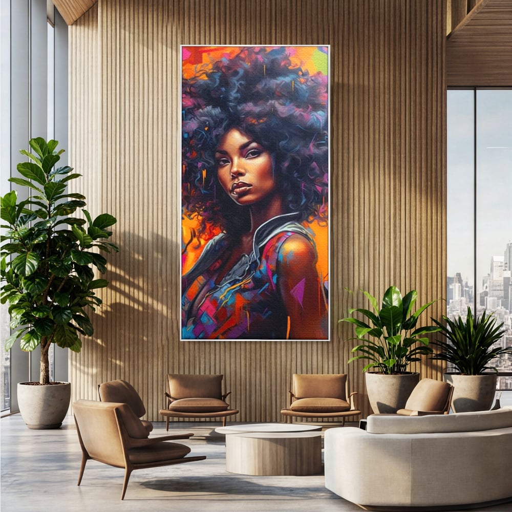 Tablou canvas cu tablou canvas cu portret urban afro, in rama de aluminiu argintiu, pe perete intr-un birou